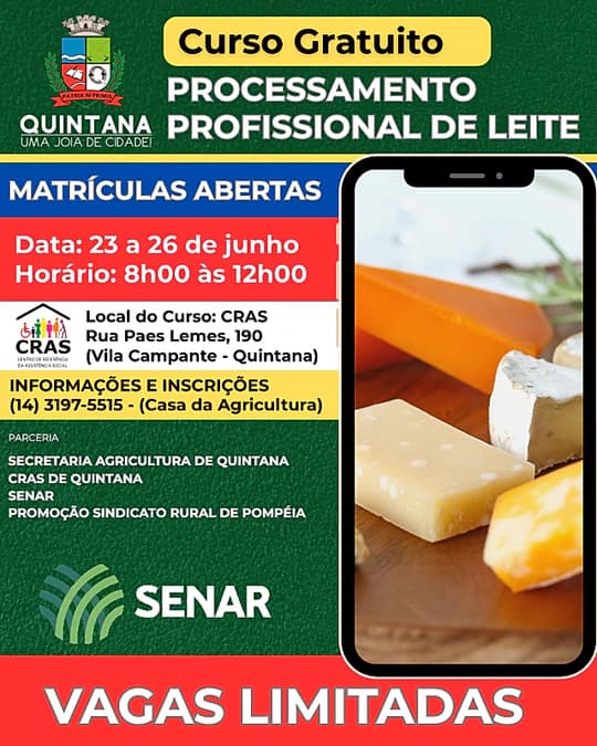Curso gratuito de processamento de leite chega a Quintana